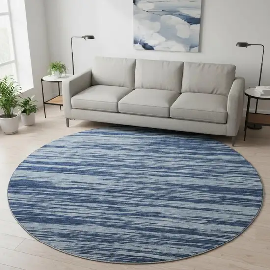 8' Blue And Ivory Striped Washable Round Rug With UV Protection Photo 2