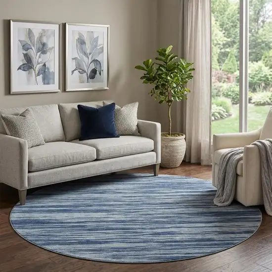 8' Blue And Ivory Striped Washable Round Rug With UV Protection Photo 1