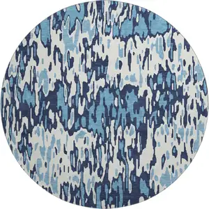 Photo of 8' Blue And Ivory Striped Washable Round Rug With UV Protection