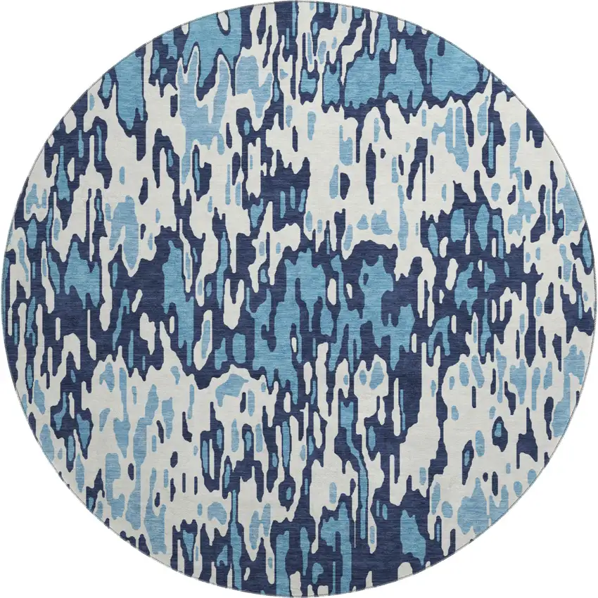 8' Blue And Ivory Striped Washable Round Rug With UV Protection Photo 1
