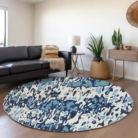 8' Blue And Ivory Striped Washable Round Rug With UV Protection Photo 4
