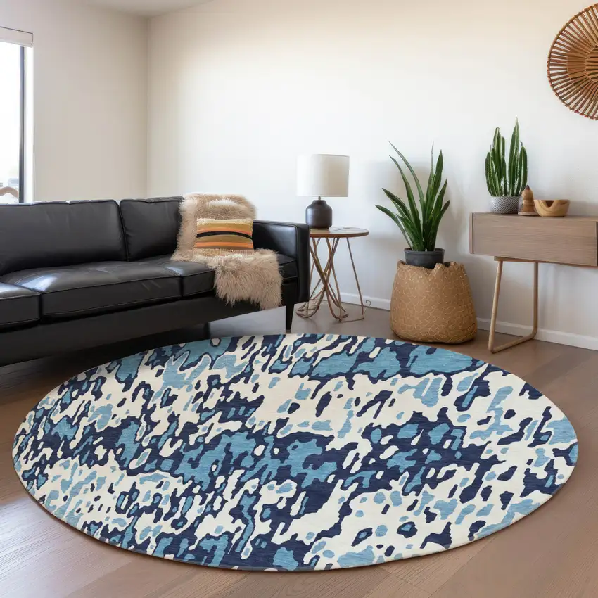 8' Blue And Ivory Striped Washable Round Rug With UV Protection Photo 4