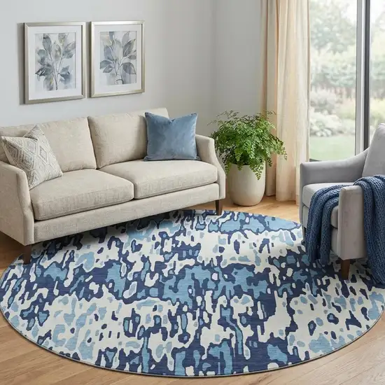 8' Blue And Ivory Striped Washable Round Rug With UV Protection Photo 1