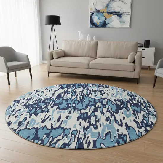8' Blue And Ivory Striped Washable Round Rug With UV Protection Photo 2
