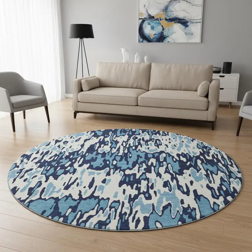 8' Blue And Ivory Striped Washable Round Rug With UV Protection Photo 2