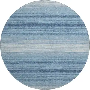 Photo of 8' Blue And Ivory Striped Washable Round Rug With UV Protection