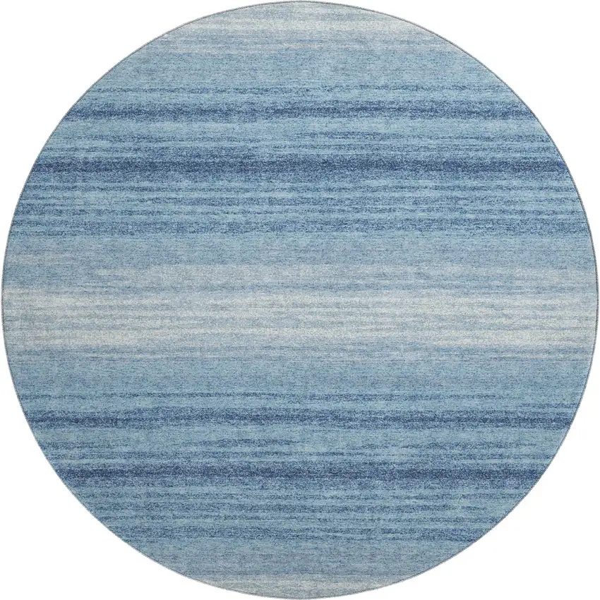 8' Blue And Ivory Striped Washable Round Rug With UV Protection Photo 1