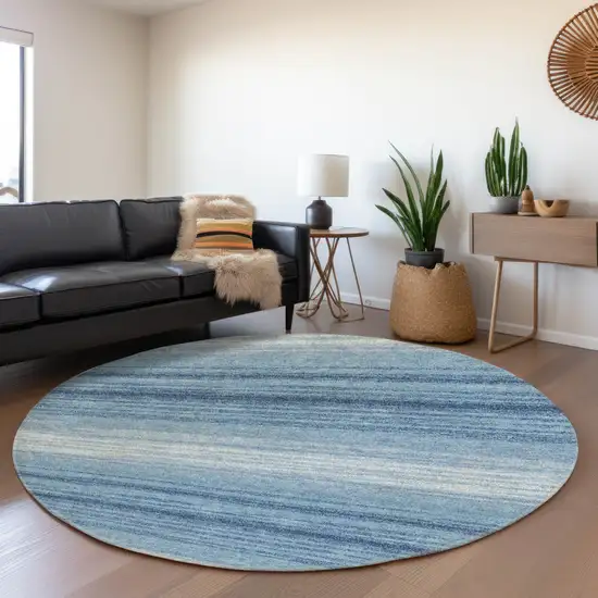 8' Blue And Ivory Striped Washable Round Rug With UV Protection Photo 4