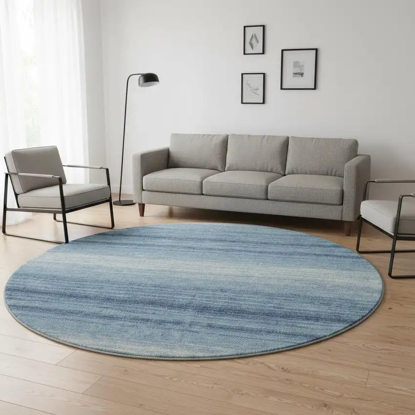 8' Blue And Ivory Striped Washable Round Rug With UV Protection Photo 2