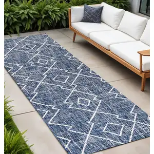 Photo of 10' Blue And Ivory Trellis Indoor Outdoor Runner Rug
