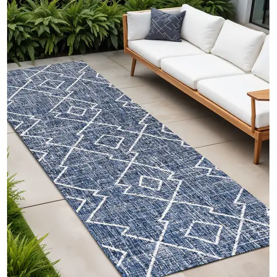 10' Blue And Ivory Trellis Indoor Outdoor Runner Rug Photo 1