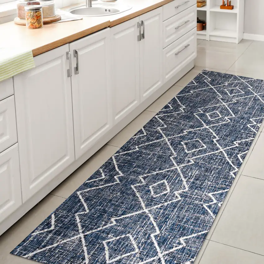 10' Blue And Ivory Trellis Indoor Outdoor Runner Rug Photo 6