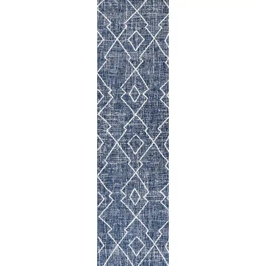 8' Blue And Ivory Trellis Indoor Outdoor Runner Rug Photo 2