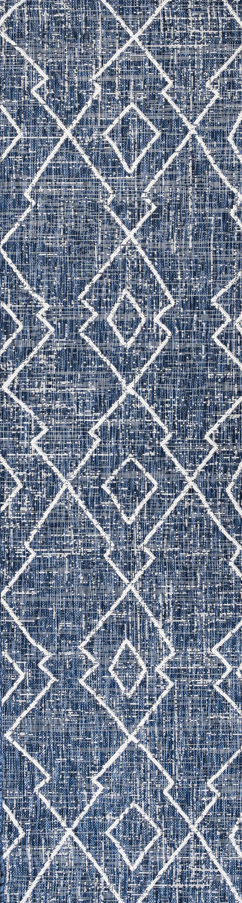 8' Blue And Ivory Trellis Indoor Outdoor Runner Rug Photo 2
