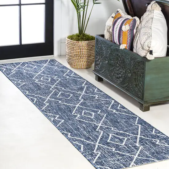 8' Blue And Ivory Trellis Indoor Outdoor Runner Rug Photo 5