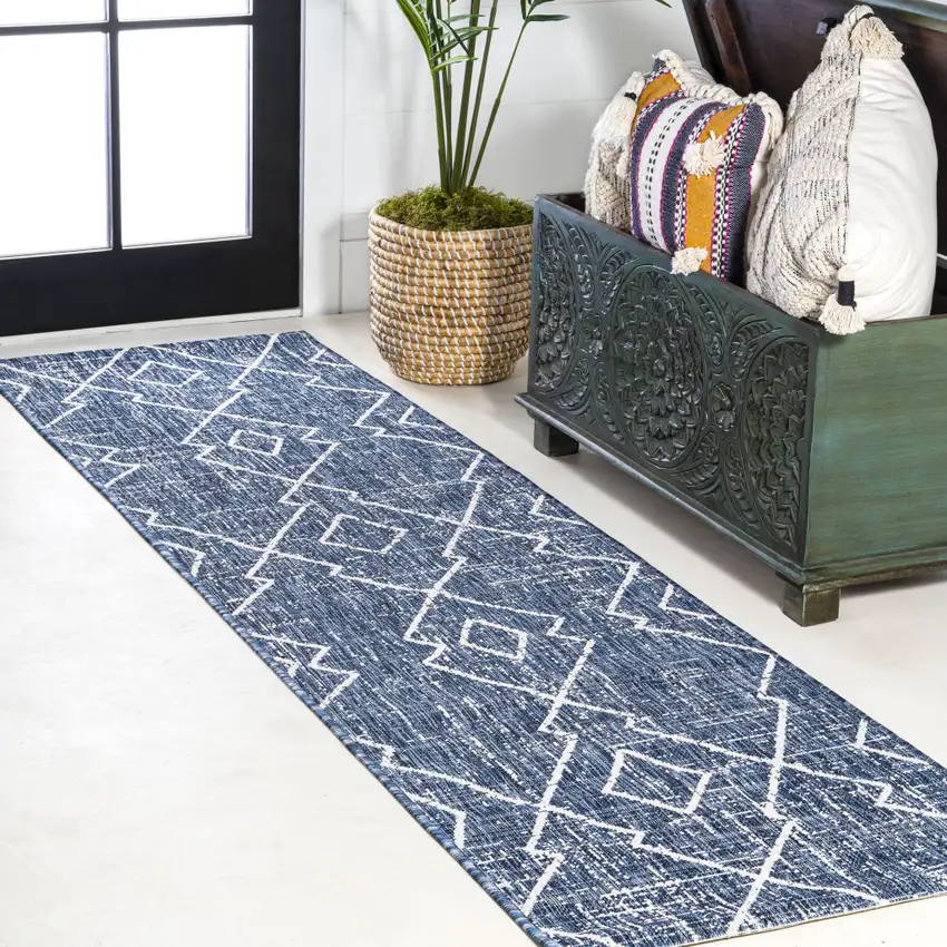 8' Blue And Ivory Trellis Indoor Outdoor Runner Rug Photo 5