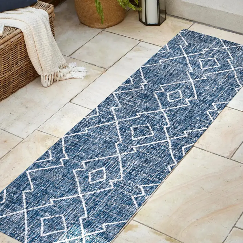 8' Blue And Ivory Trellis Indoor Outdoor Runner Rug Photo 5