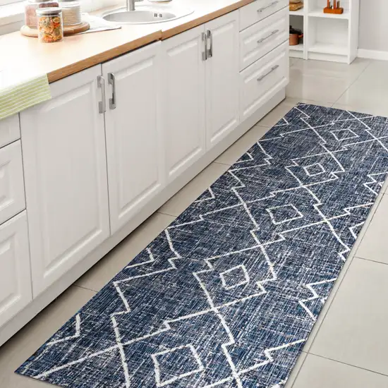 8' Blue And Ivory Trellis Indoor Outdoor Runner Rug Photo 7