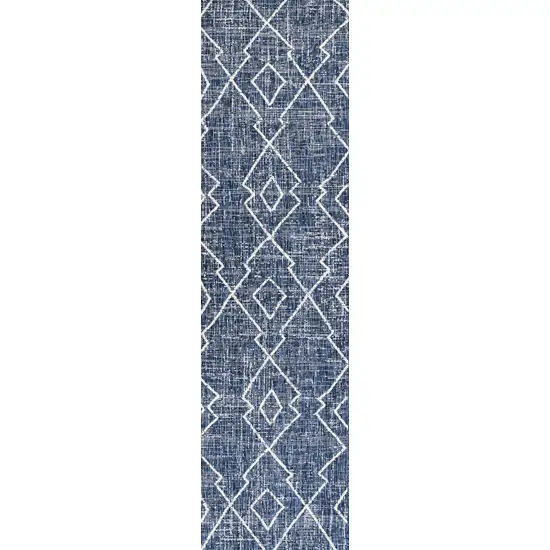 8' Blue And Ivory Trellis Indoor Outdoor Runner Rug Photo 4