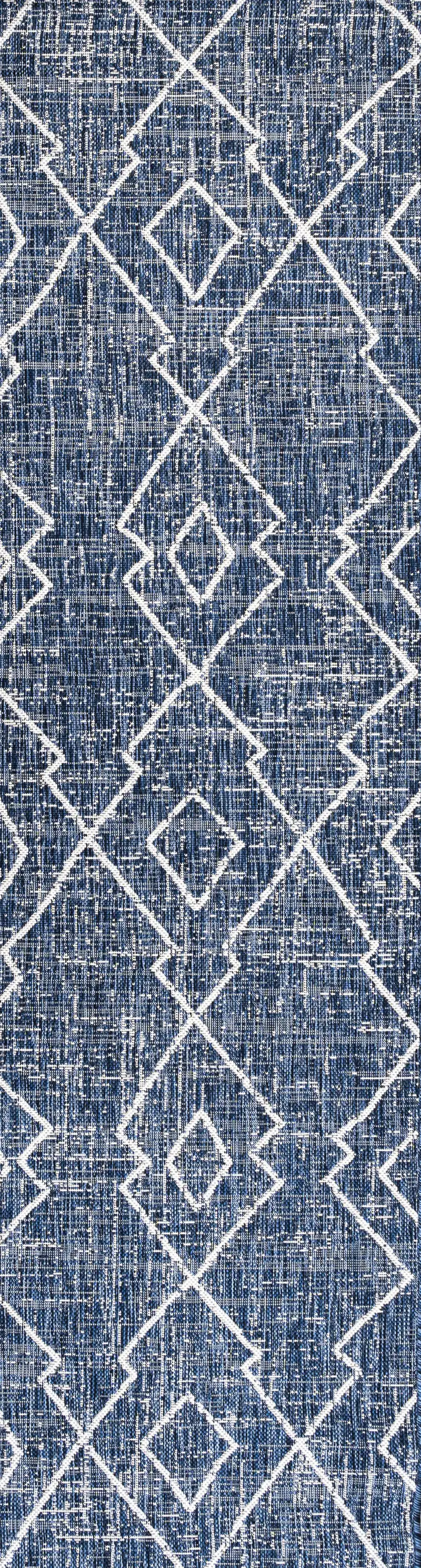 8' Blue And Ivory Trellis Indoor Outdoor Runner Rug Photo 4