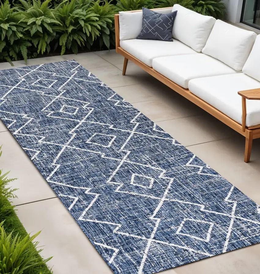 8' Blue And Ivory Trellis Indoor Outdoor Runner Rug Photo 1