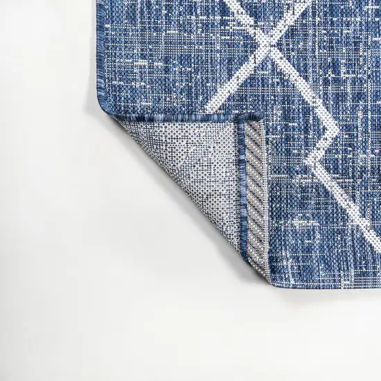 8' Blue And Ivory Trellis Indoor Outdoor Runner Rug Photo 8