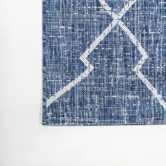 8' Blue And Ivory Trellis Indoor Outdoor Runner Rug Photo 9