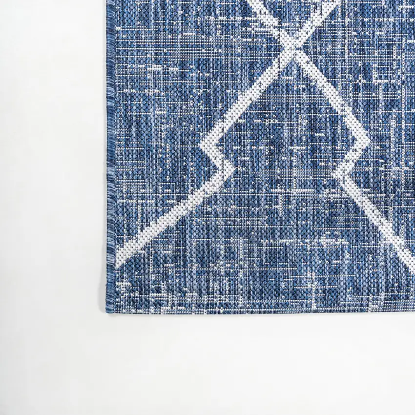 8' Blue And Ivory Trellis Indoor Outdoor Runner Rug Photo 9