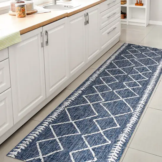 10' Blue And Ivory Trellis Indoor Outdoor Runner Rug Photo 6