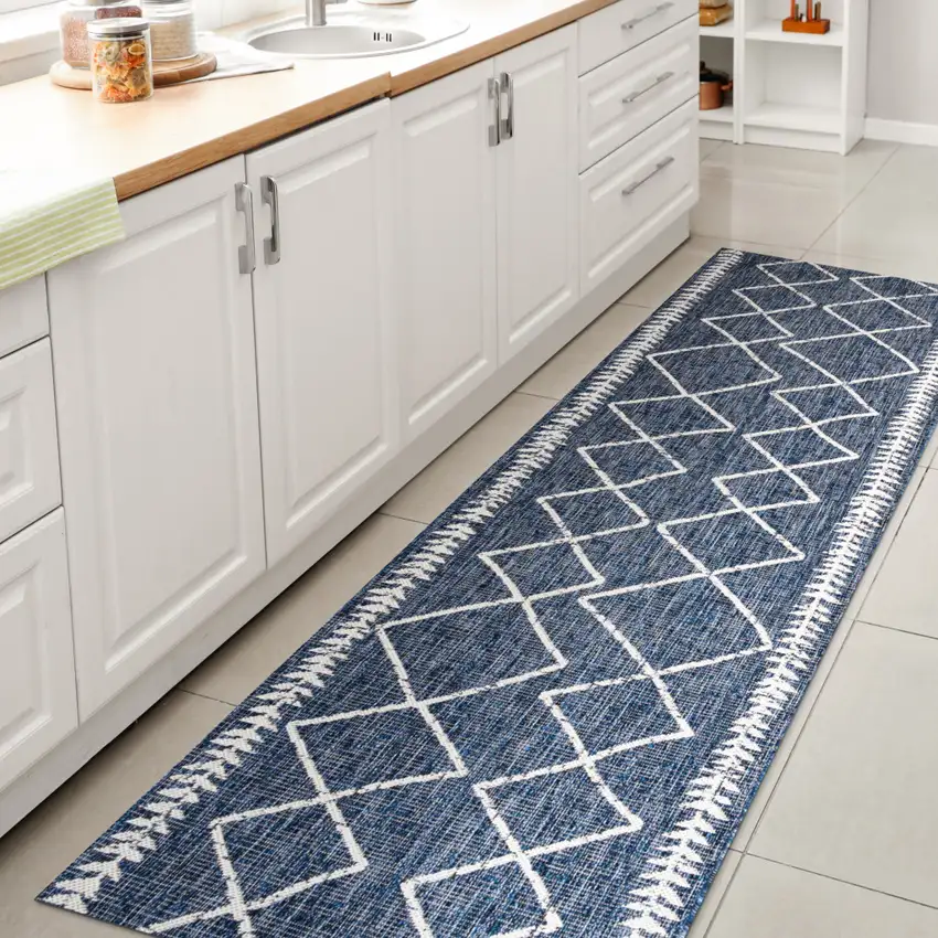 10' Blue And Ivory Trellis Indoor Outdoor Runner Rug Photo 6