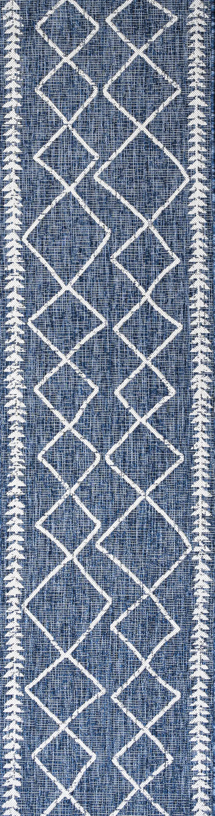 10' Blue And Ivory Trellis Indoor Outdoor Runner Rug Photo 2