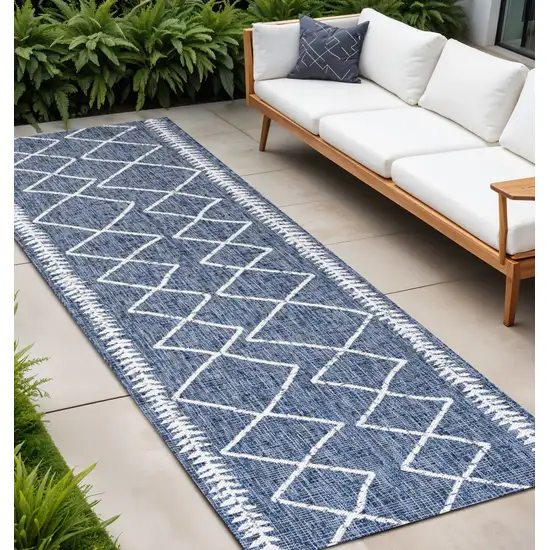10' Blue And Ivory Trellis Indoor Outdoor Runner Rug Photo 1
