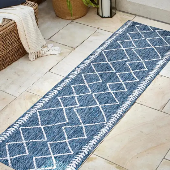 10' Blue And Ivory Trellis Indoor Outdoor Runner Rug Photo 5