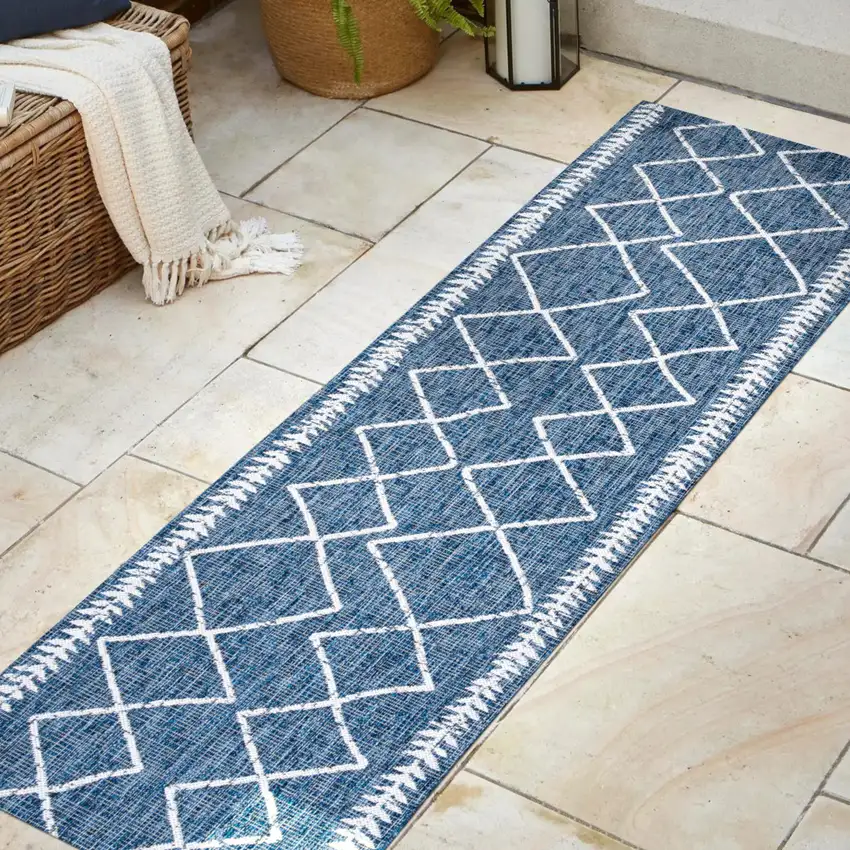 10' Blue And Ivory Trellis Indoor Outdoor Runner Rug Photo 5