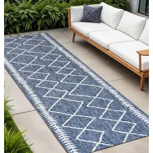 Photo of 8' Blue And Ivory Trellis Indoor Outdoor Runner Rug