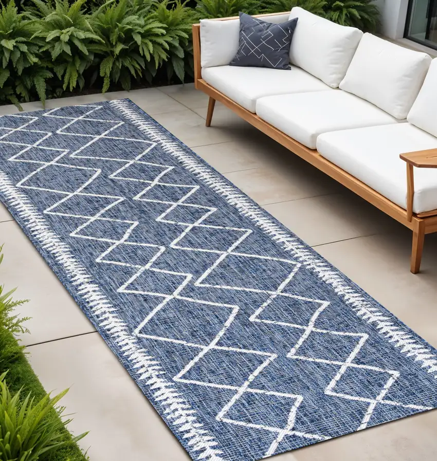 8' Blue And Ivory Trellis Indoor Outdoor Runner Rug Photo 1