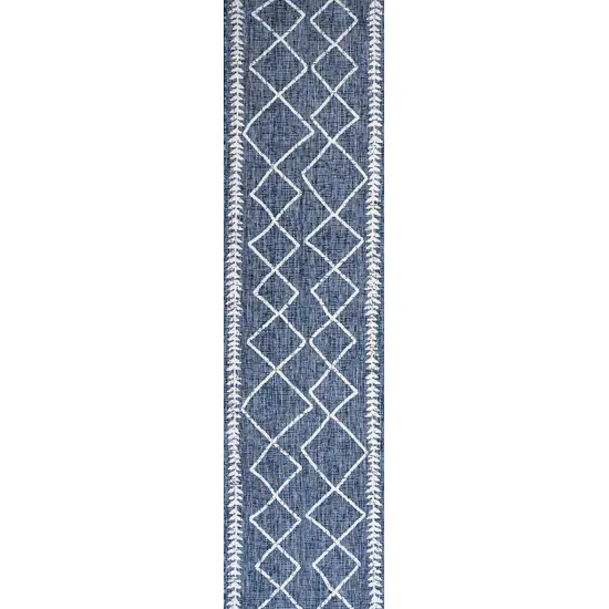 8' Blue And Ivory Trellis Indoor Outdoor Runner Rug Photo 4