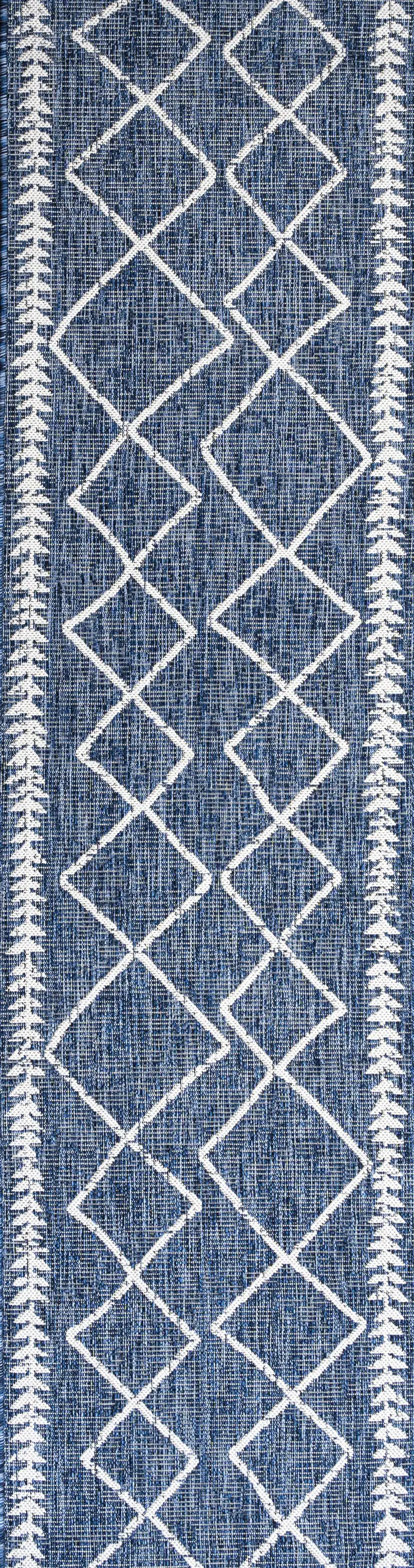 8' Blue And Ivory Trellis Indoor Outdoor Runner Rug Photo 4
