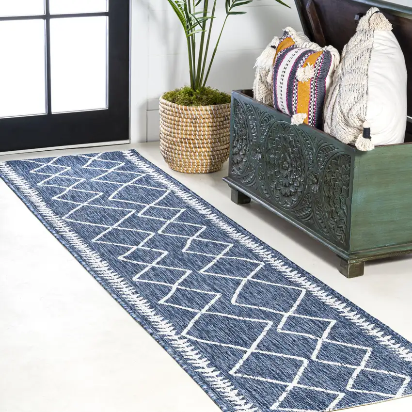 8' Blue And Ivory Trellis Indoor Outdoor Runner Rug Photo 5