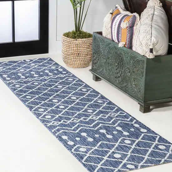 10' Blue And Ivory Trellis Indoor Outdoor Runner Rug Photo 4