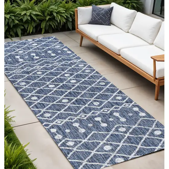 10' Blue And Ivory Trellis Indoor Outdoor Runner Rug Photo 1