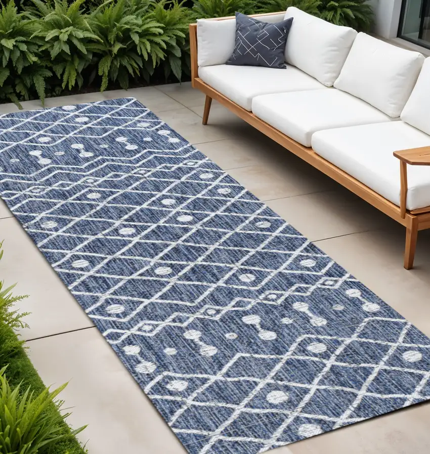 10' Blue And Ivory Trellis Indoor Outdoor Runner Rug Photo 1