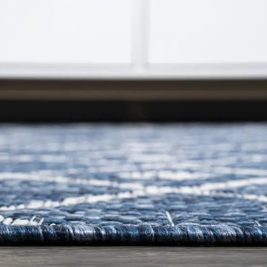 10' Blue And Ivory Trellis Indoor Outdoor Runner Rug Photo 9