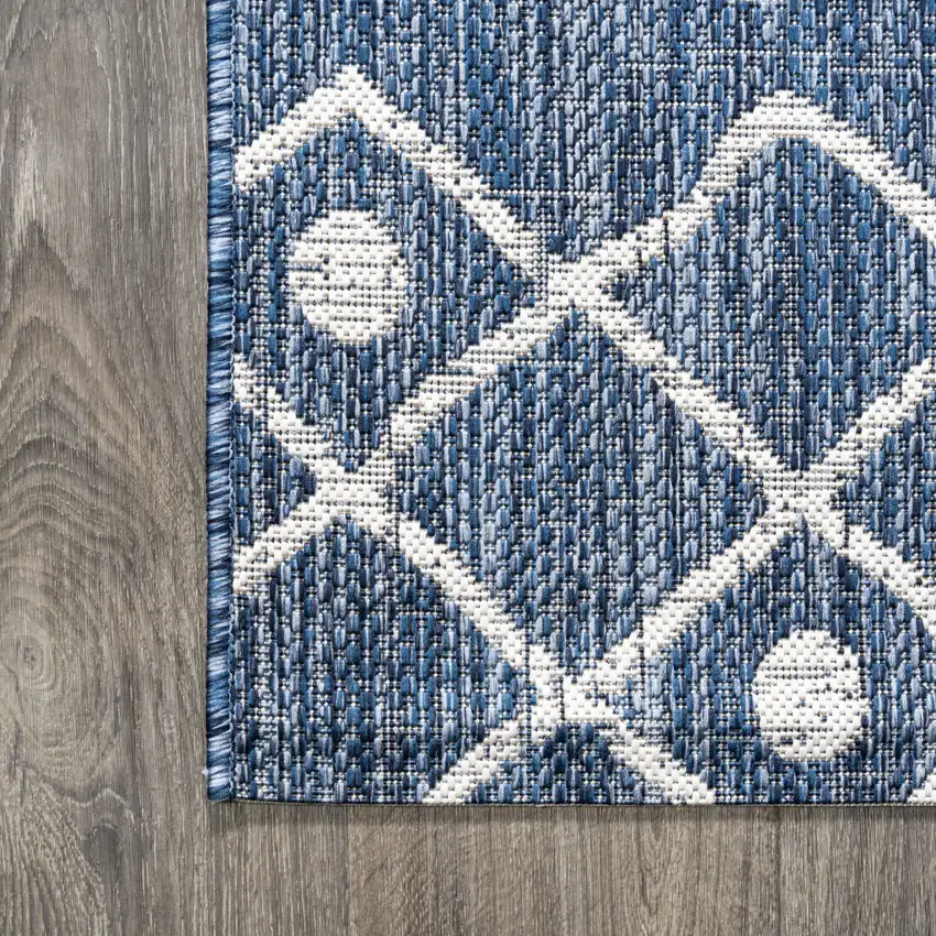 10' Blue And Ivory Trellis Indoor Outdoor Runner Rug Photo 8