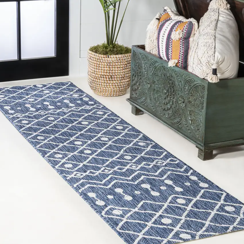 8' Blue And Ivory Trellis Indoor Outdoor Runner Rug Photo 4