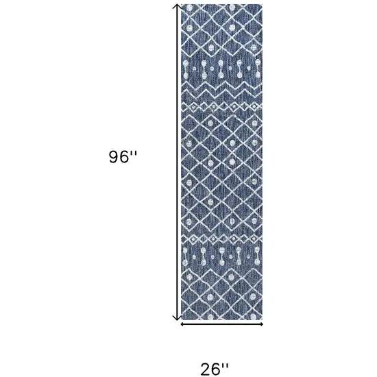 8' Blue And Ivory Trellis Indoor Outdoor Runner Rug Photo 3