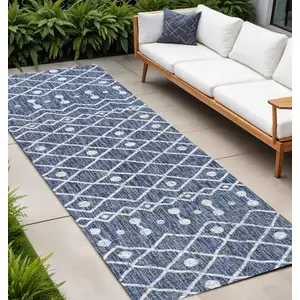 Photo of 8' Blue And Ivory Trellis Indoor Outdoor Runner Rug