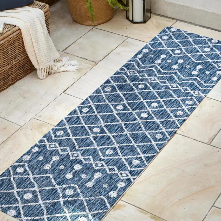8' Blue And Ivory Trellis Indoor Outdoor Runner Rug Photo 5