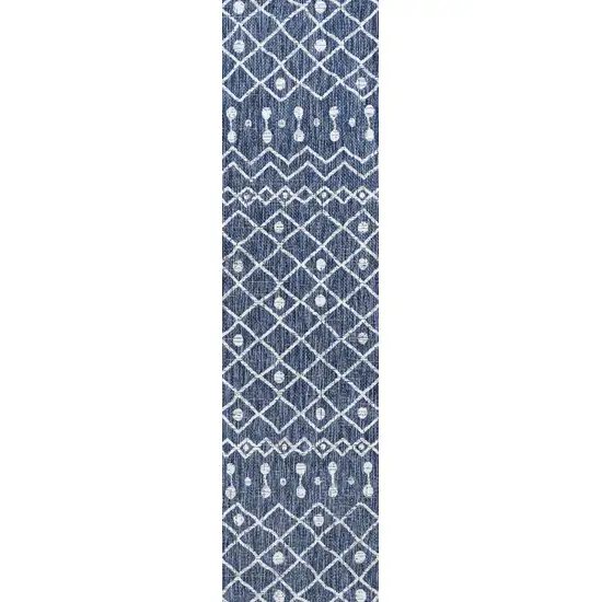 8' Blue And Ivory Trellis Indoor Outdoor Runner Rug Photo 2