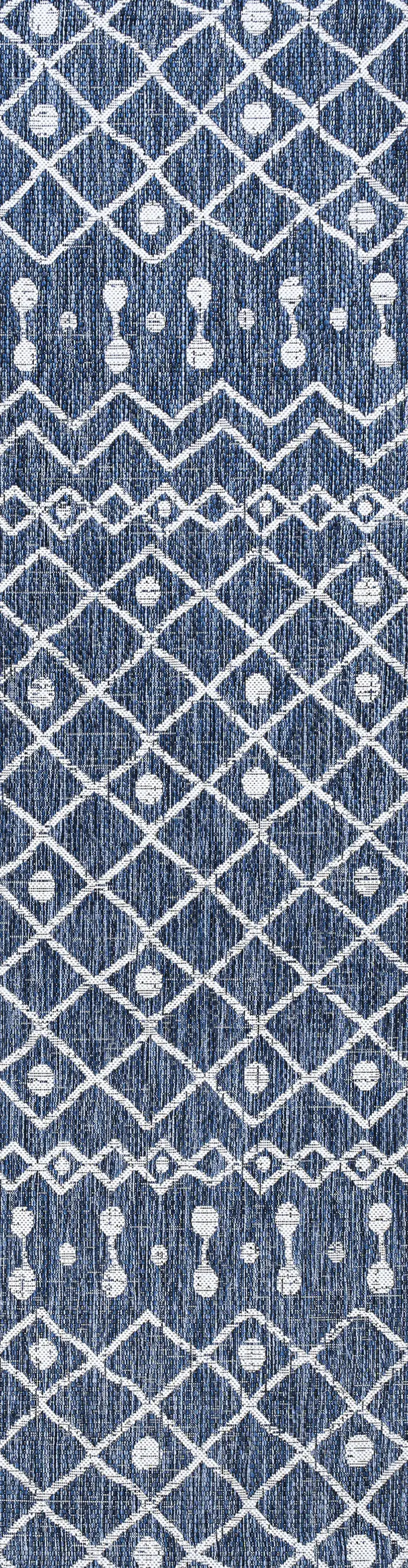 8' Blue And Ivory Trellis Indoor Outdoor Runner Rug Photo 2